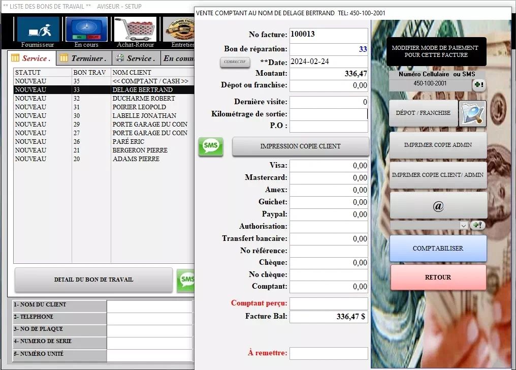 Le paiement d'une facture avec plusieurs devise, Acompte, Impression, Courriel, Texto