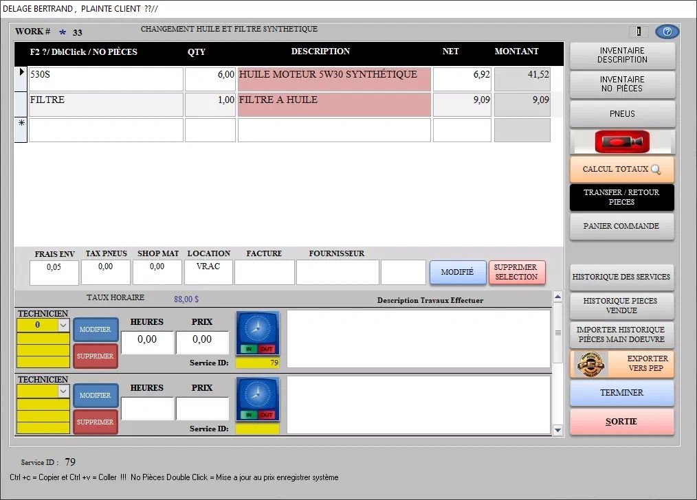 Détail des pièces et main doeuvre pour chaque travaux a effectuer et boutons de commandes