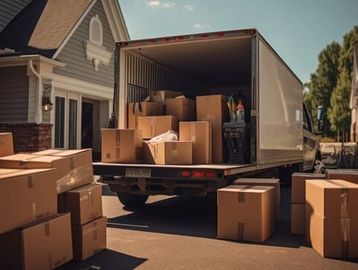 Moving truck loaded with boxes outside a house on a sunny day.