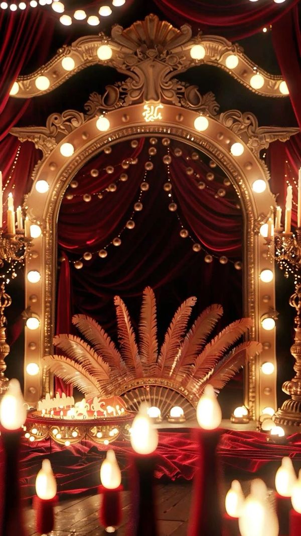 Luxurious vintage dressing table with ornate mirror and glowing lights.