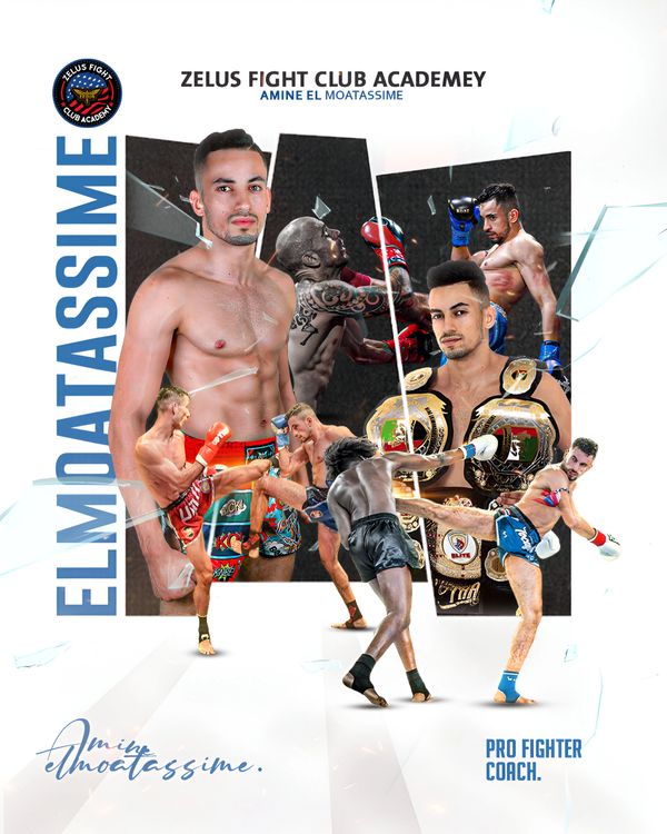 Promotional poster for Amine El Moatassime, pro fighter and coach at Zelus Fight Club Academy.
