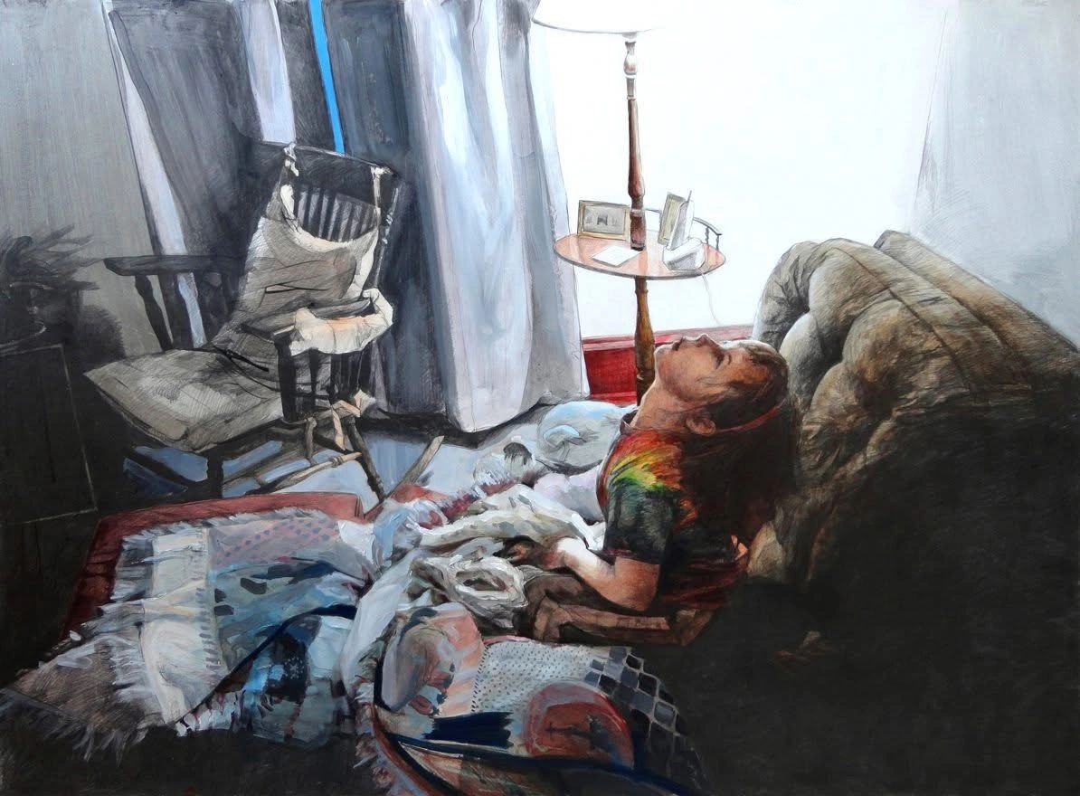 Art depicting child snuggled in blankets on sofa, looking upward with exasperated facial expression