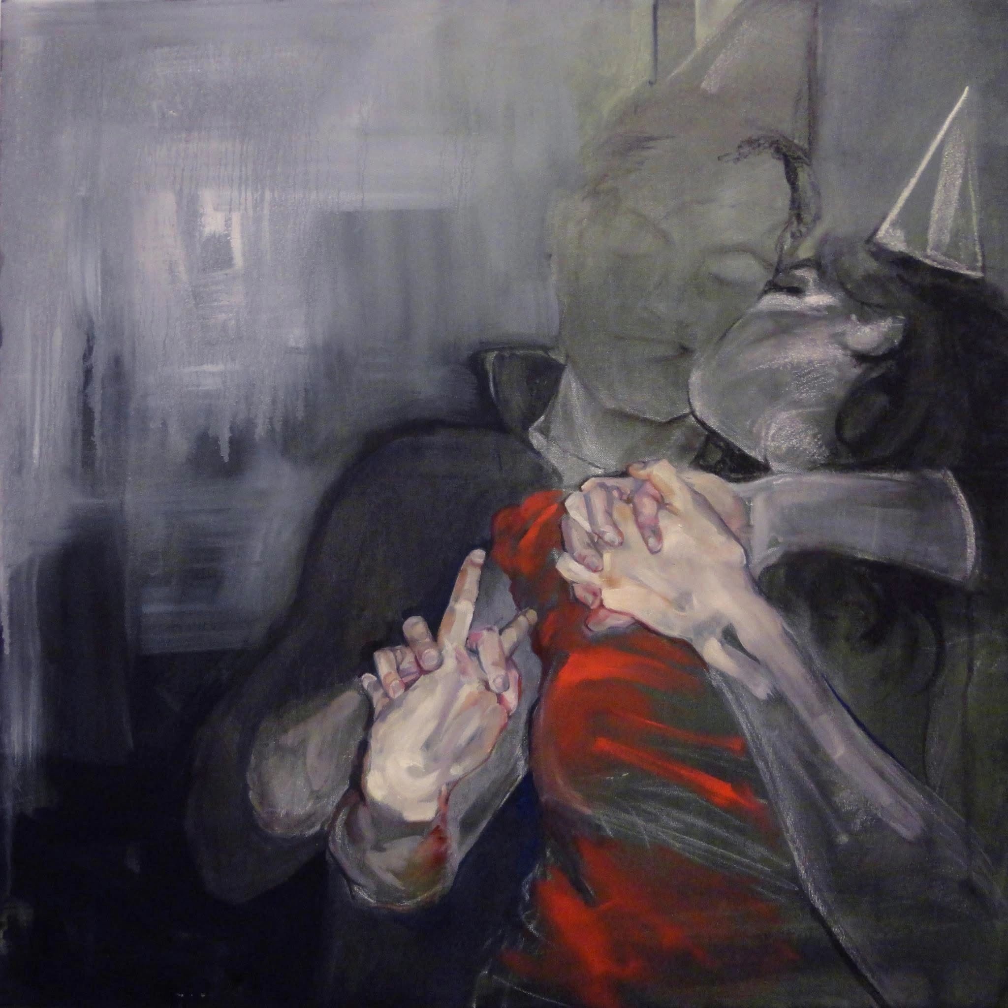 Mixed media painting of a man and woman embracing with locked hands