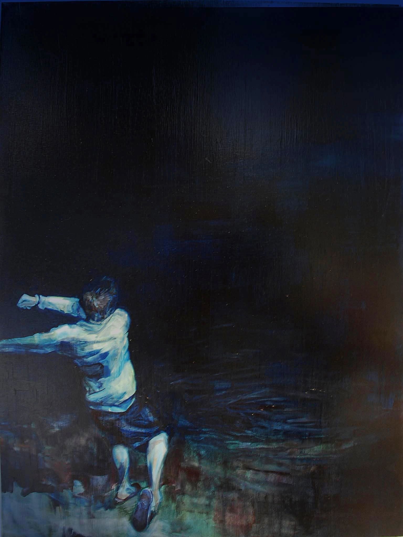 Oil painting depicting night scene of man skipping a rock over dark water