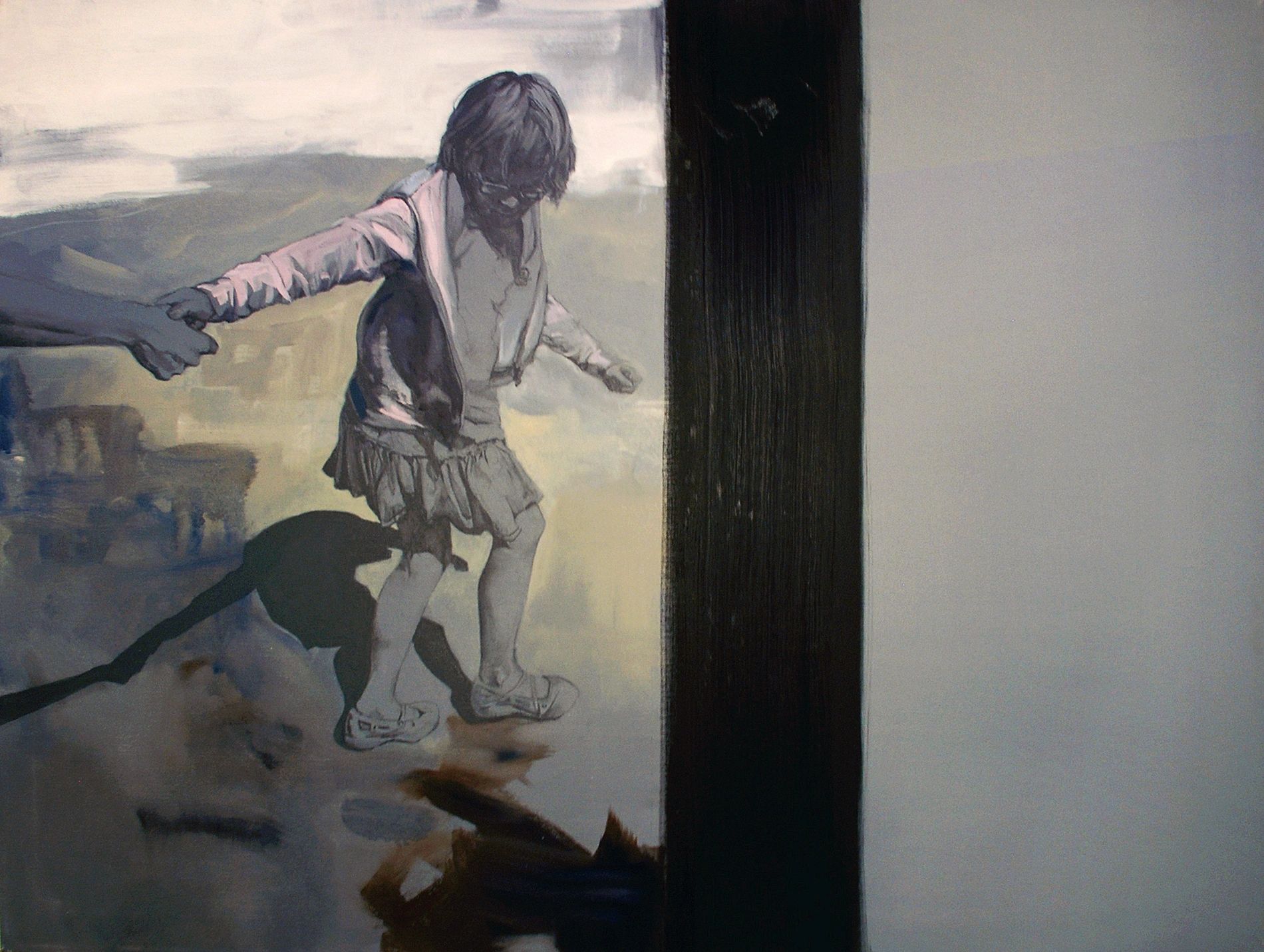 Limited color painting showing child pulling an adults arm, with thick black stripe in center