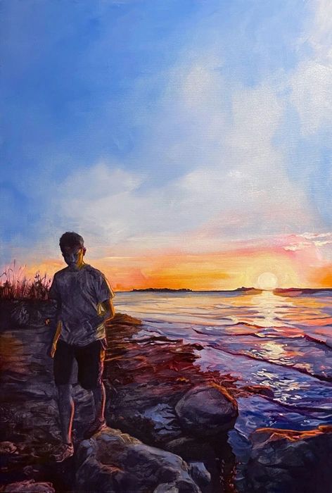 Mixed media of painting of a  man walking away from the sunset on a lake shore
