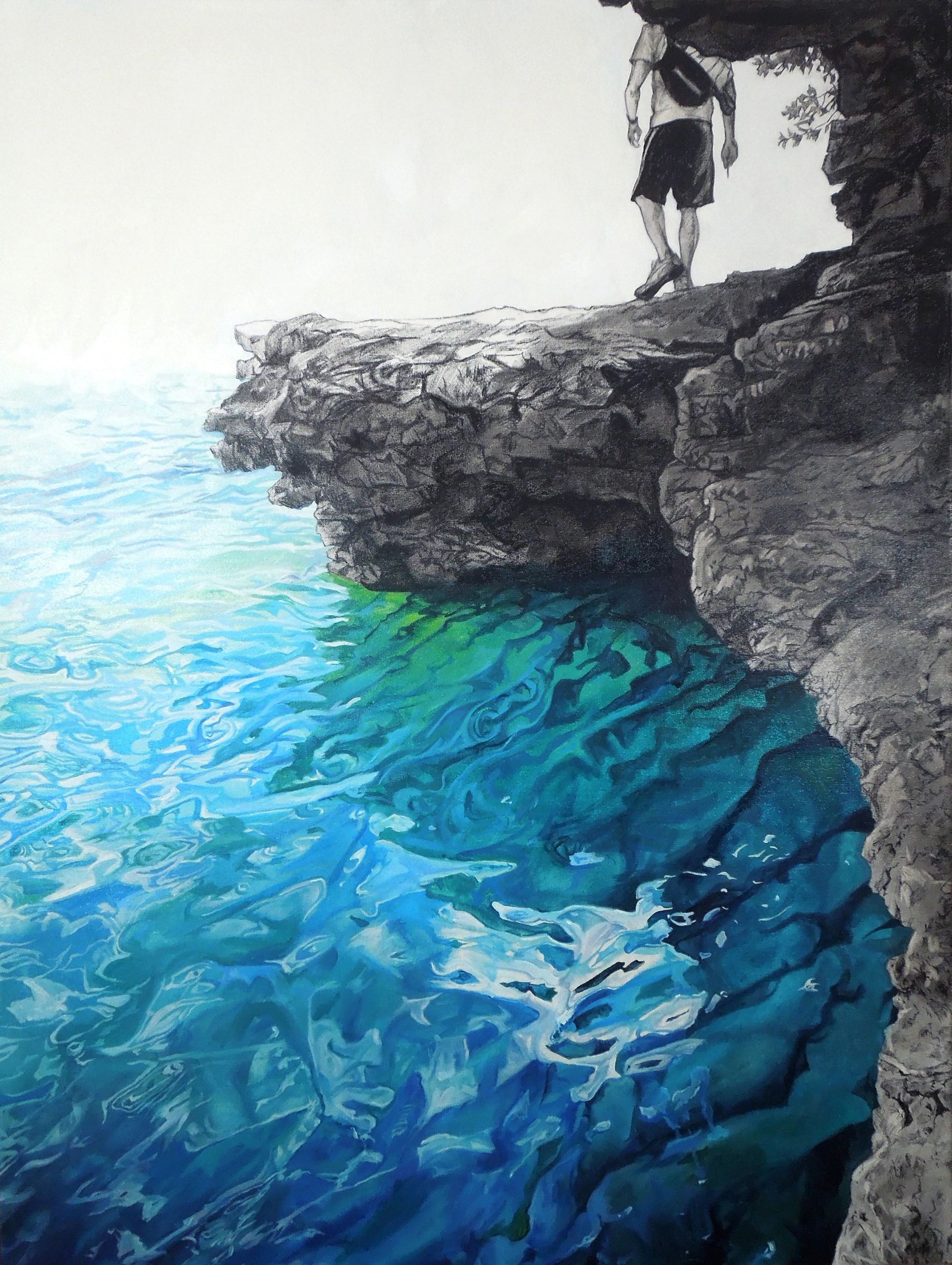 Artwork depicting monochromatic drawing of man walking on cliffs over blue and green painted water