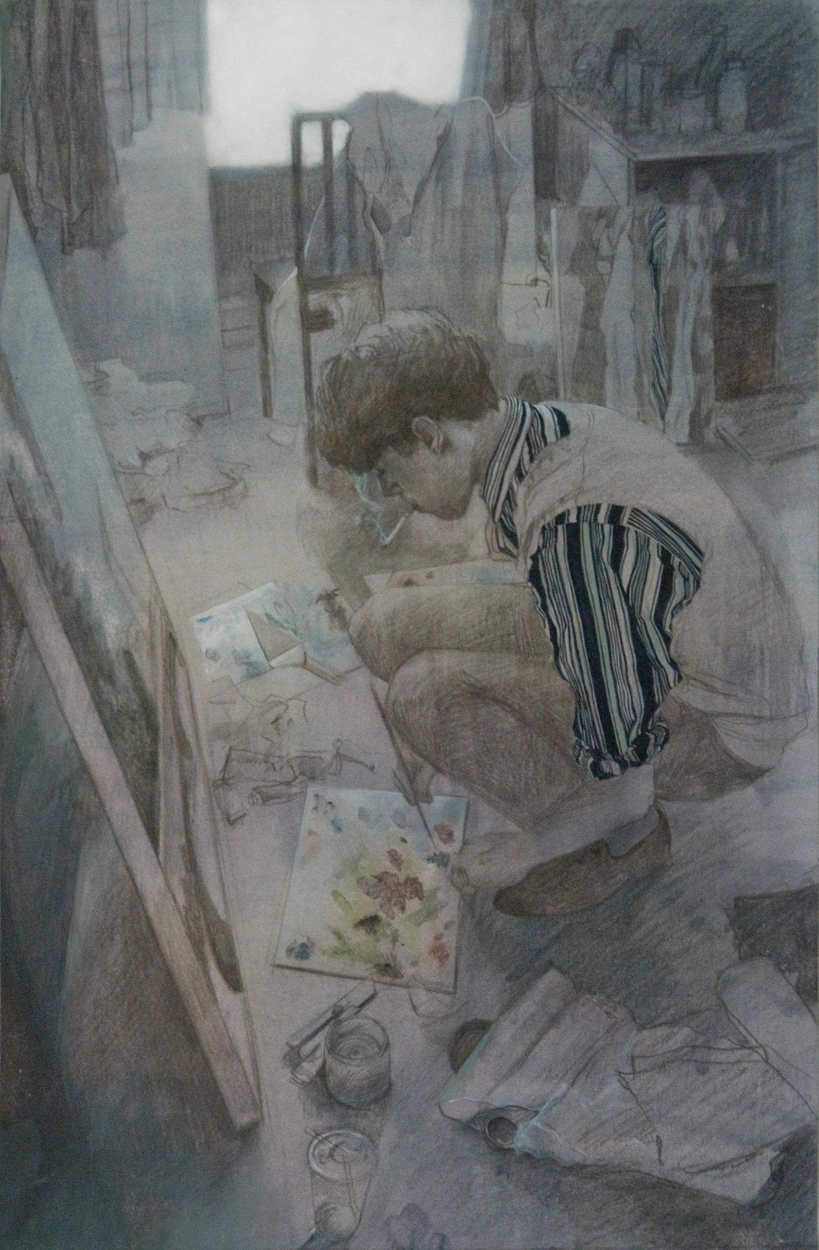 Limited palette artwork showing a painter squatting while painting and smoking a cigarette