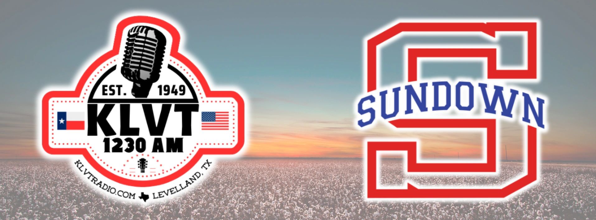Logos of KLVT 1230 AM radio and Sundown with a cotton field background.