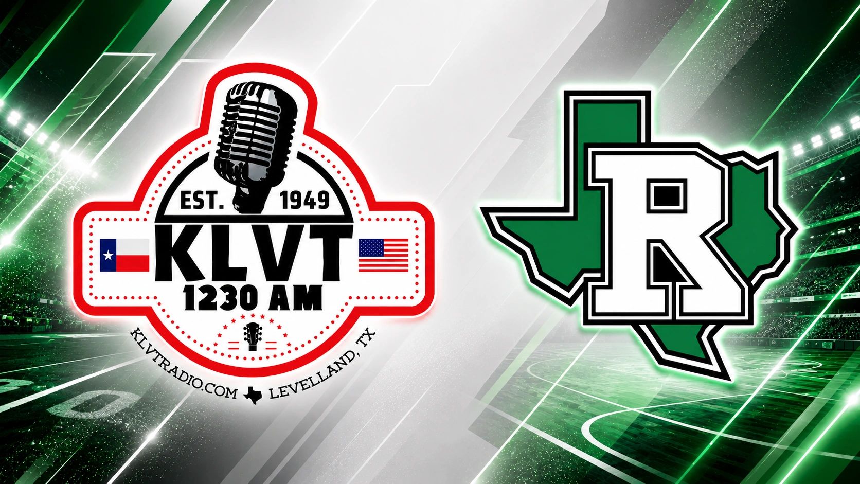 KLVT 1230 AM radio logo with Texas and American flags and sports team logo shaped like Texas with an R.