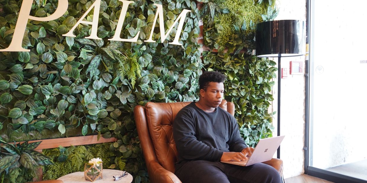 Man working on laptop seated in a cozy chair against a green plant wall.