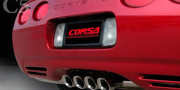 Red Corvette with Corsa Performance Exhausts and quad exhaust tips.