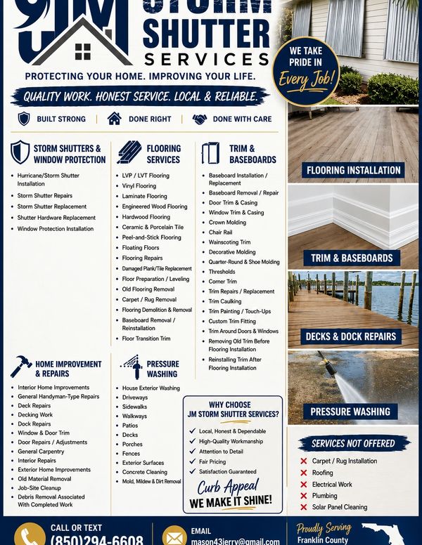 JM Storm Shutter Services offers home protection, flooring, repairs, and washing in Franklin County.