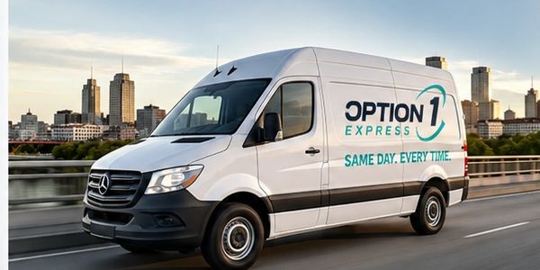 White Option 1 Express delivery van driving in a city setting.