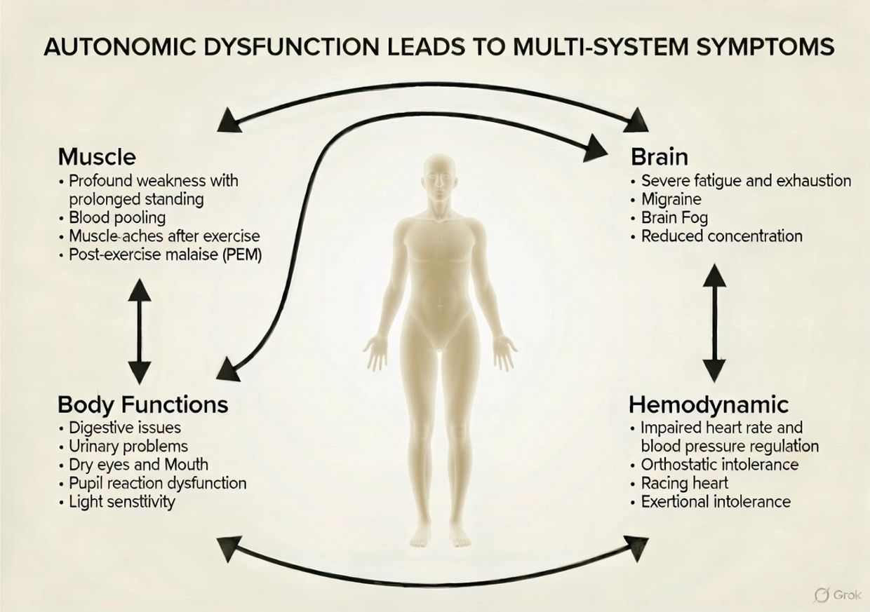 Diagram showing autonomic dysfunction causing symptoms in muscle, brain, body functions, and hemodynamics.