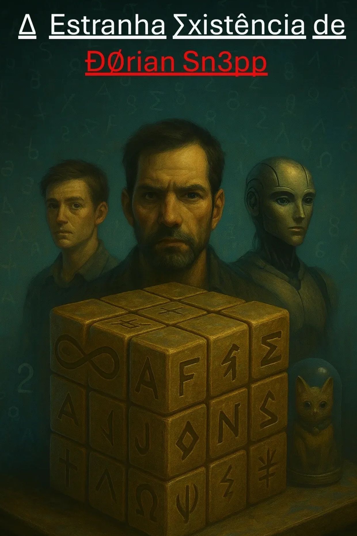 Three figures and a mysterious cube with symbols and a cat statue under a glass dome.