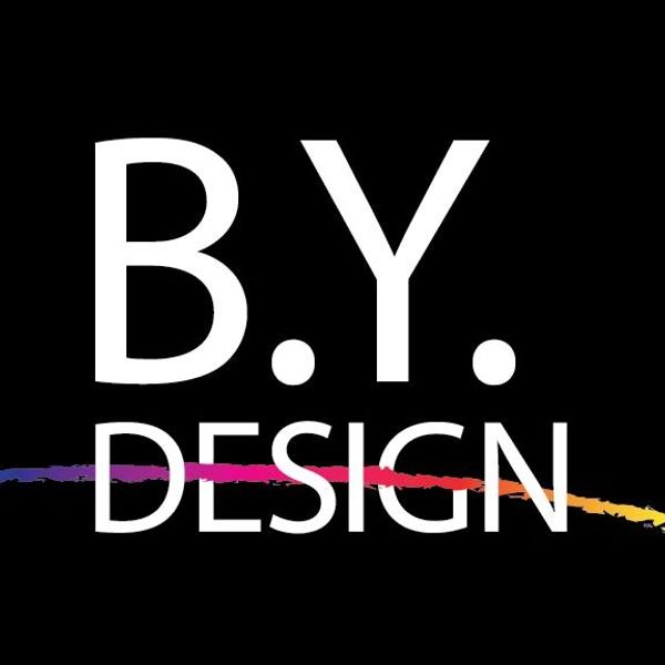 Logo with text B.Y. DESIGN and a colorful underline.