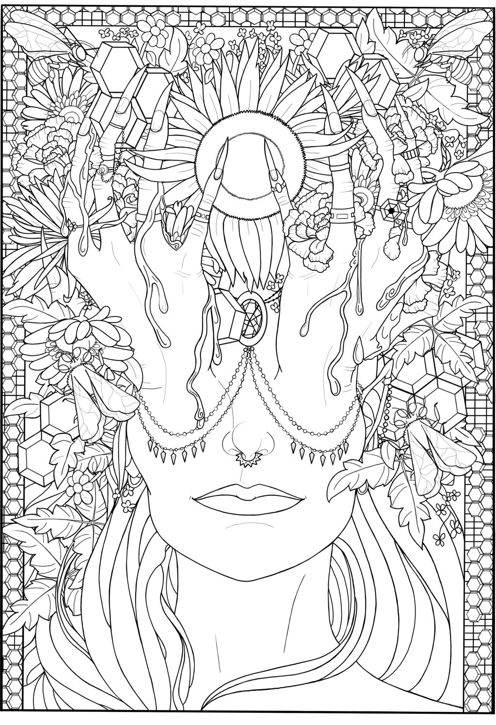 Goddess with hands growing from her head and a crown of flowers surrounded by double headed bees.