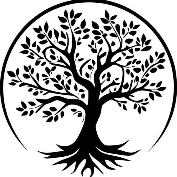 Black tree silhouette inside a circle.