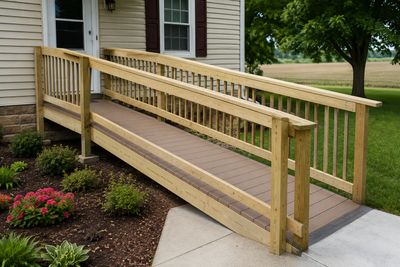 Wooden accessibility ramp leading to a house entrance.