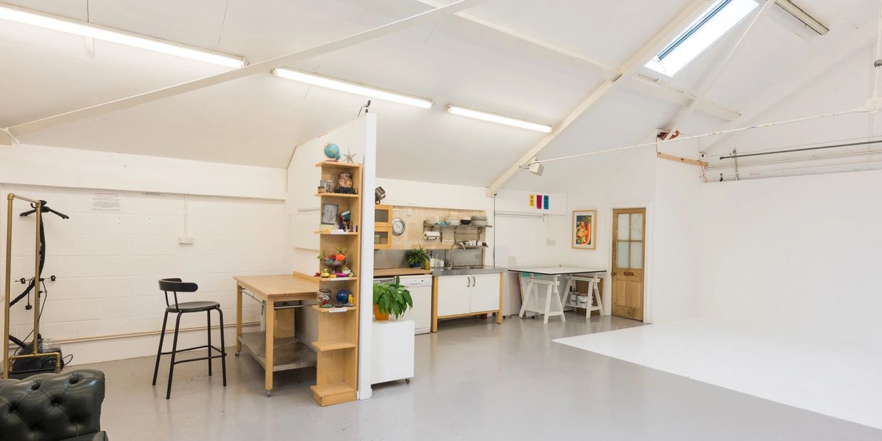 Hawkeye Studio showing make up & dressing area (top left) kitchen (top centre) & shoot area (right)