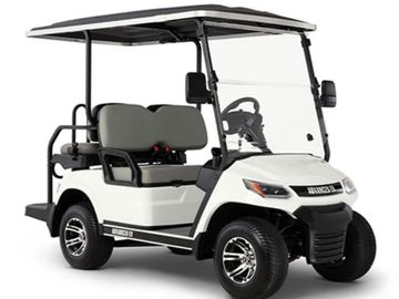 White golf cart with roof and two seats, designed for easy transport on golf courses.