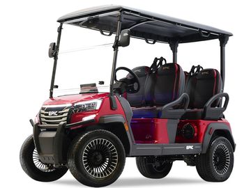 Red and black electric golf cart with four seats and modern design.