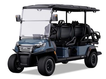 Sleek, modern six-seater golf cart with black and blue design.