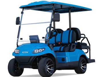 Blue ICON golf cart with black accents and sporty wheels.
