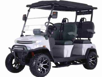 White golf cart with rugged tires and black roof for off-road use.