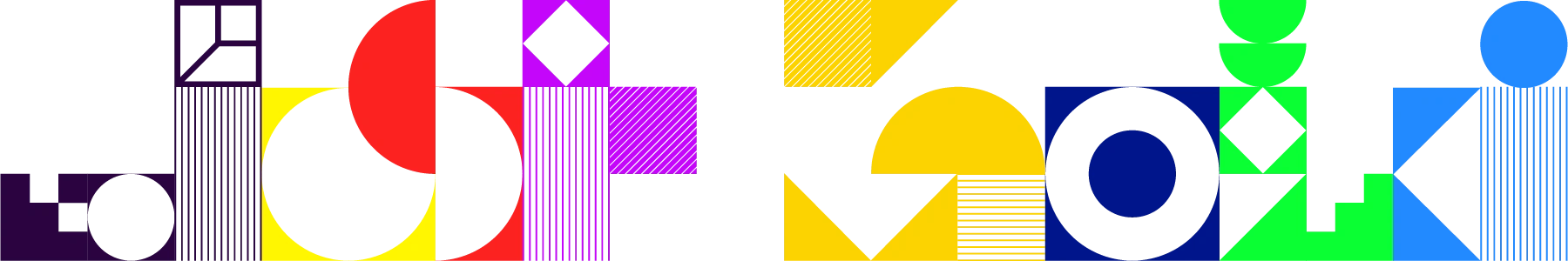 Vibrant geometric typography spelling “Just Gold” in a playful, multicoloured abstract style.