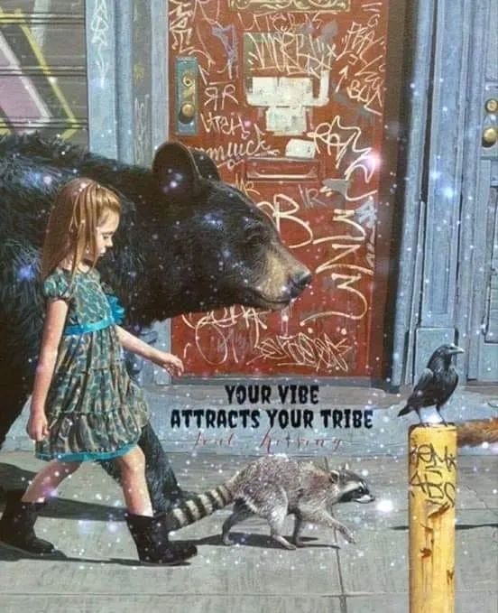 A girl walks with a bear, raccoon, and crow beside a graffiti-covered door.