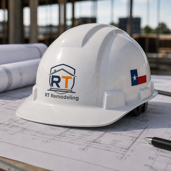 White hard hat with RT Remodeling logo on architectural blueprints.