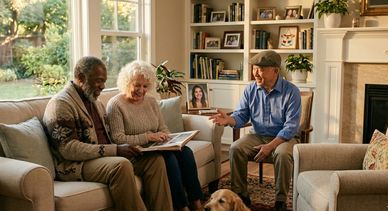 Three adults chatting happily in a cozy living room with a dog.