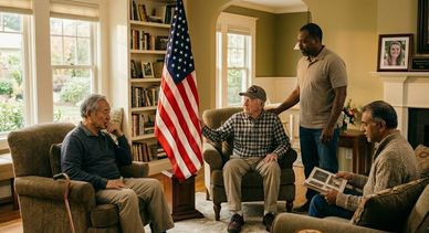 Four men, including a veteran, gathered in a cozy living room with an American flag.