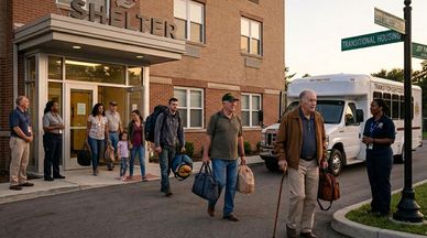 People exiting a shelter building on a street corner near a bus.