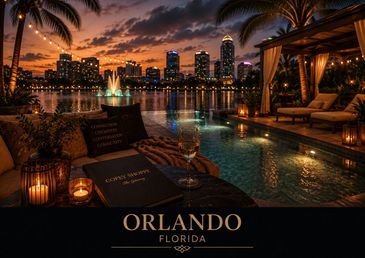 Luxurious poolside view at sunset with Orlando skyline in the background.