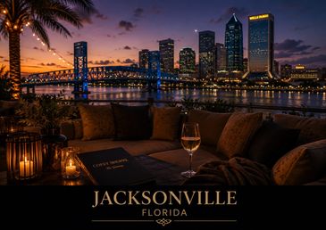 Evening view of Jacksonville skyline with cozy seating and a glass of wine.
