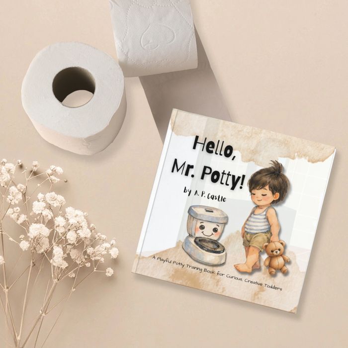 A picture of Hello Mr Potty book showing a potty with a smiling face, and a child holding a teddy