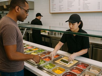 Customer orders sushi at a restaurant counter with fresh ingredients.