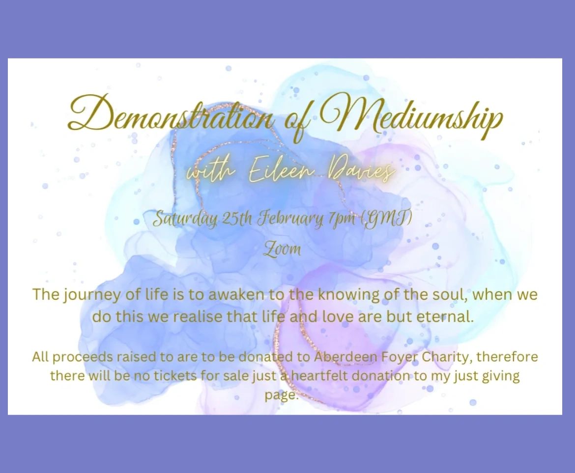Flyer for a mediumship demonstration by Eileen Davies on Zoom with proceeds to charity.
