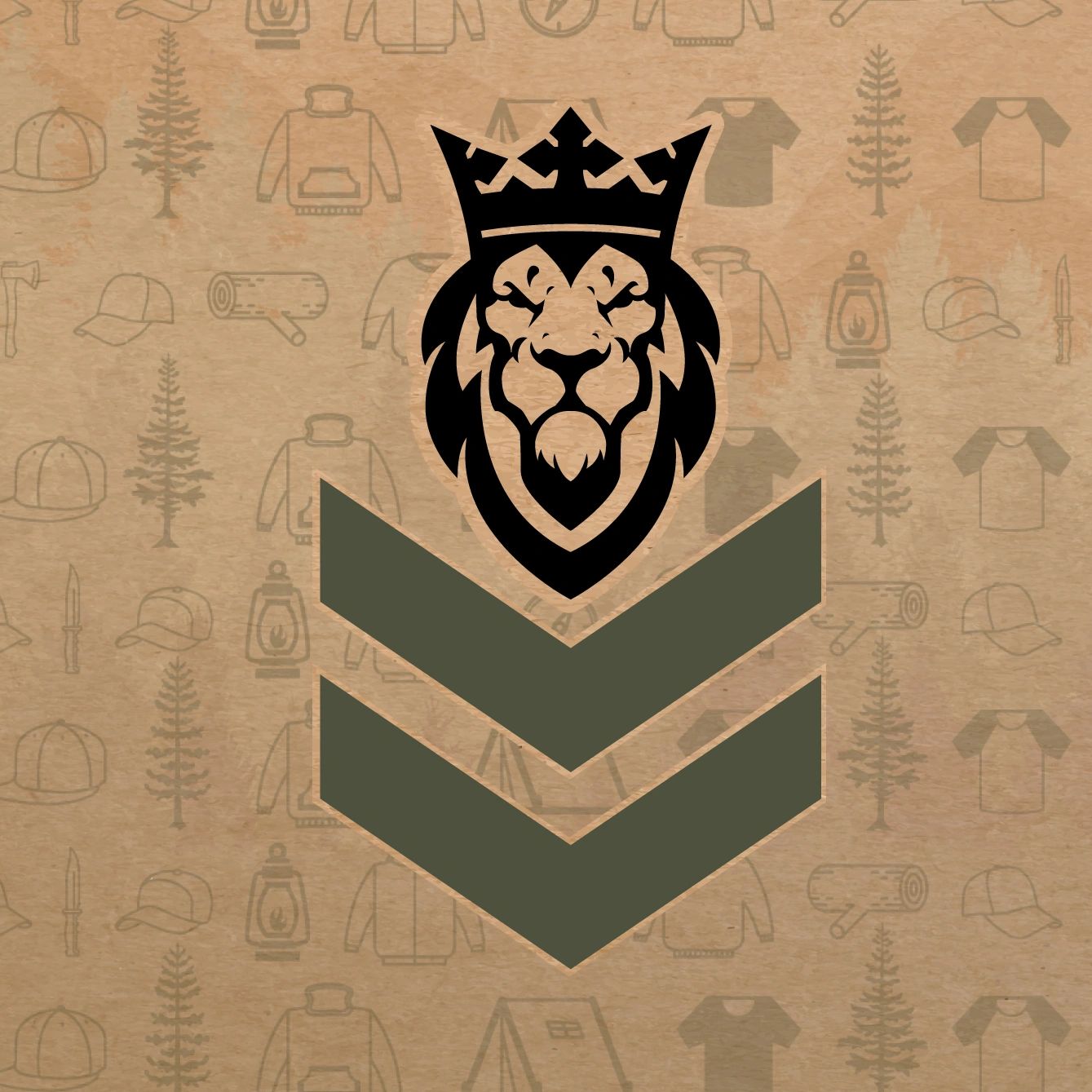 A crowned lion head above two chevrons on a rustic brown background.