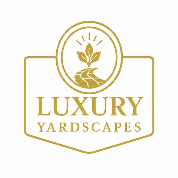 Elegant gold logo for Luxury Yardscapes with a plant and pathway design.