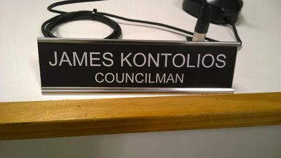 Nameplate of Councilman James Kontolios.