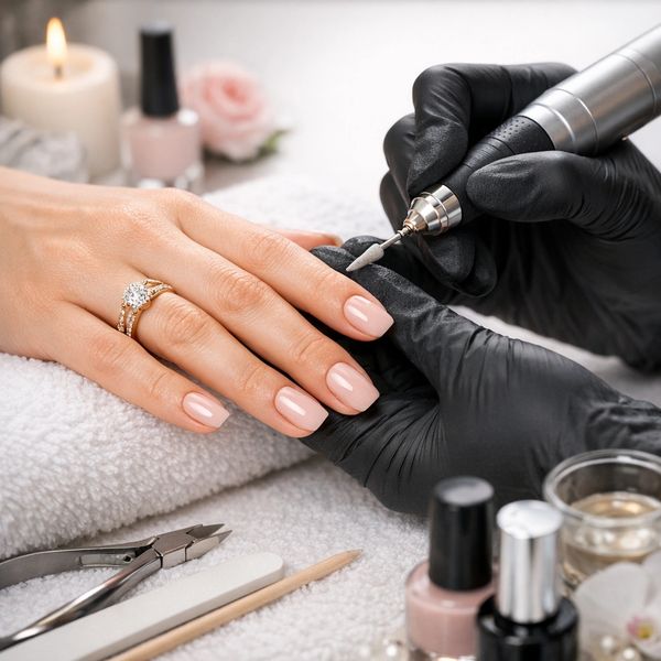 A woman getting a professional manicure with elegant nude nails.