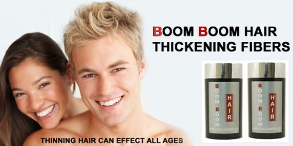 Boom Boom Hair Thickening Fibers for women and men. the only hair replacement no surgery.
