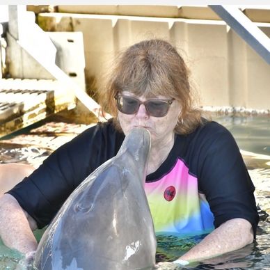 Woman kissing a dolphin in the water.