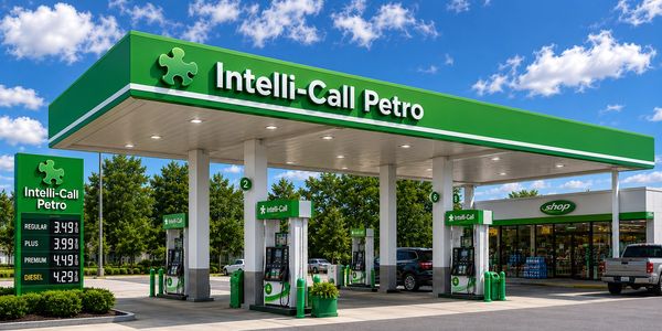 A modern Intelli-Call Petro gas station with green branding and clear blue skies.