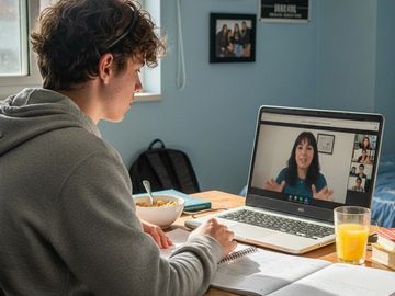 A young man studies while attending an online class on his laptop.