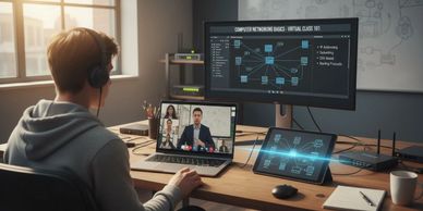 Person attending a virtual class with multiple screens and headphones.